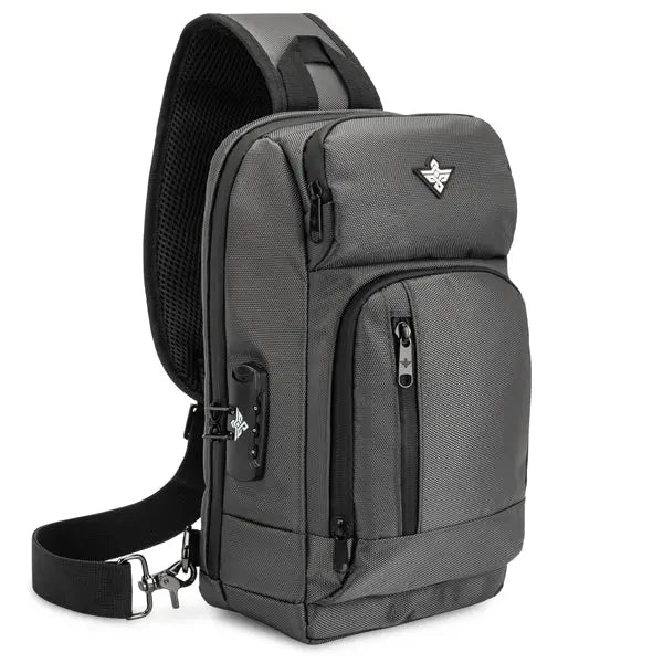 The Erozul Equinox Smell Proof Sling Bag With Combination Lock features multiple zippered compartments, an adjustable padded strap, carbon lining for odor control, and a front emblem—your stylish everyday sling bag.